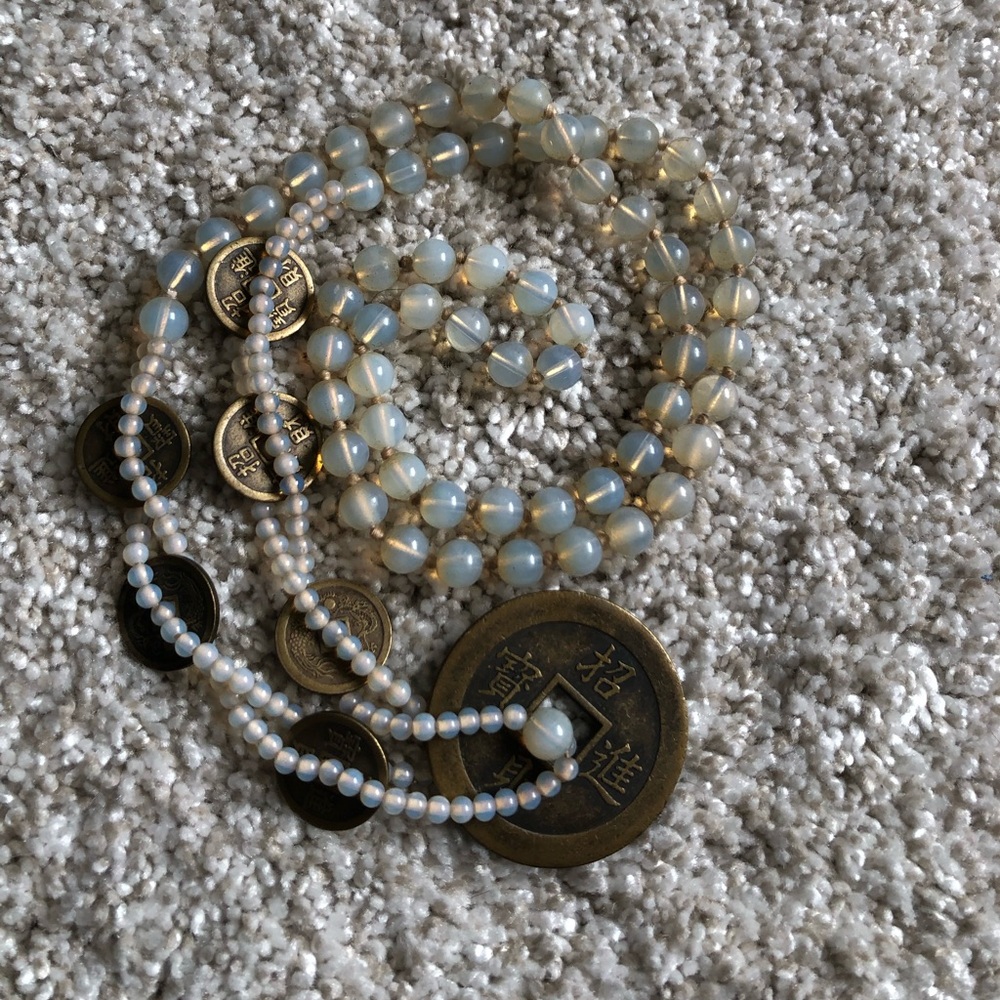 VTG Japanese Coin Necklace Dragon & Phoenix Translucent Moonglow Glass Beads 32” - Picture 3 of 12